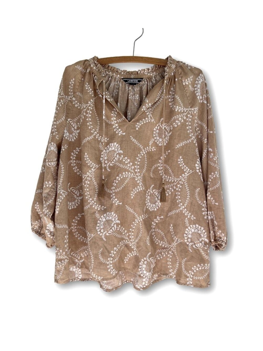 Lands' End Woman’s Light Brown Linen Floral Tunic Blouse Flowy Tassels